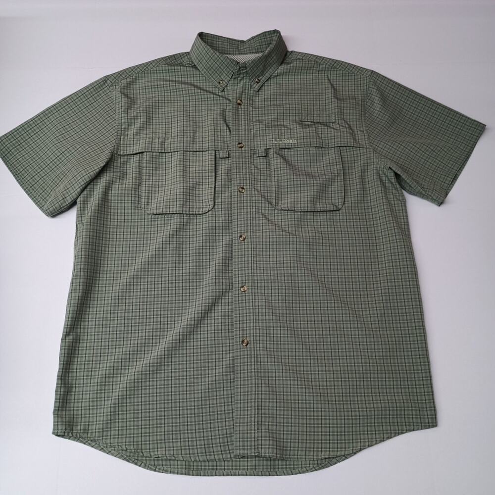 Men’s L.L. Bean Vented Fishing Shirt Green Plaid Size L Reg‎